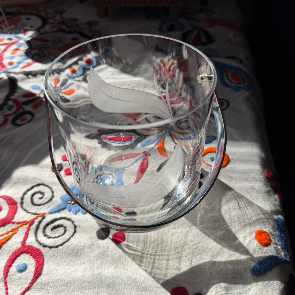Made in Portugal Etched Glass Ice Bucket Air Bubbles Leaf Barware Vintage 5in